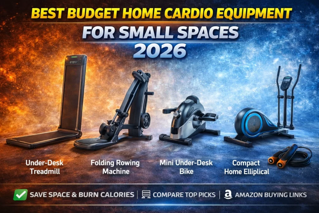 Best budget home cardio equipment for small spaces including treadmill, rower, bike, elliptical, and jump rope