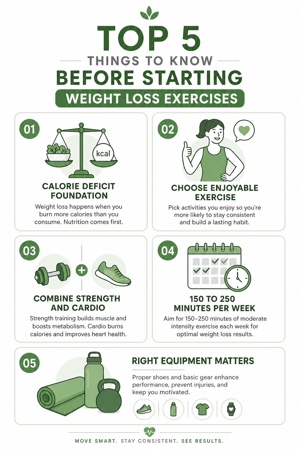infographic 5 things to know before starting weight loss exercises calorie deficit enjoyable exercise strength cardio 150 minutes right equipment