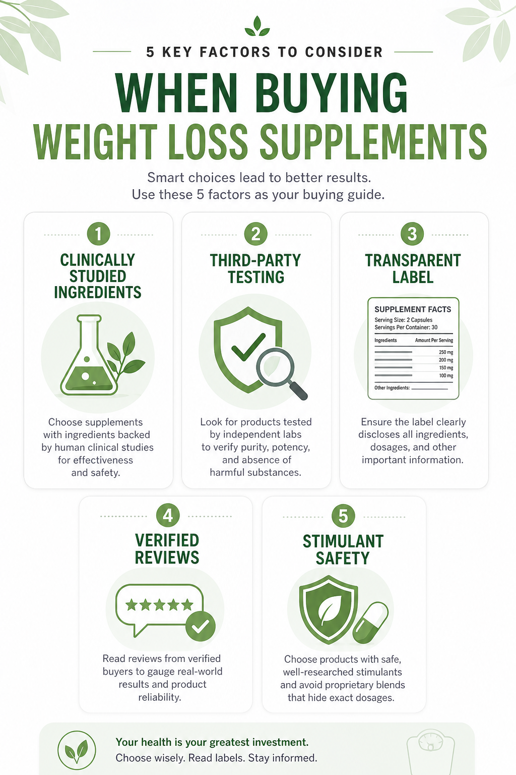 infographic showing 5 factors to choose weight loss supplements clinically studied ingredients third party testing transparent label verified reviews stimulant safety