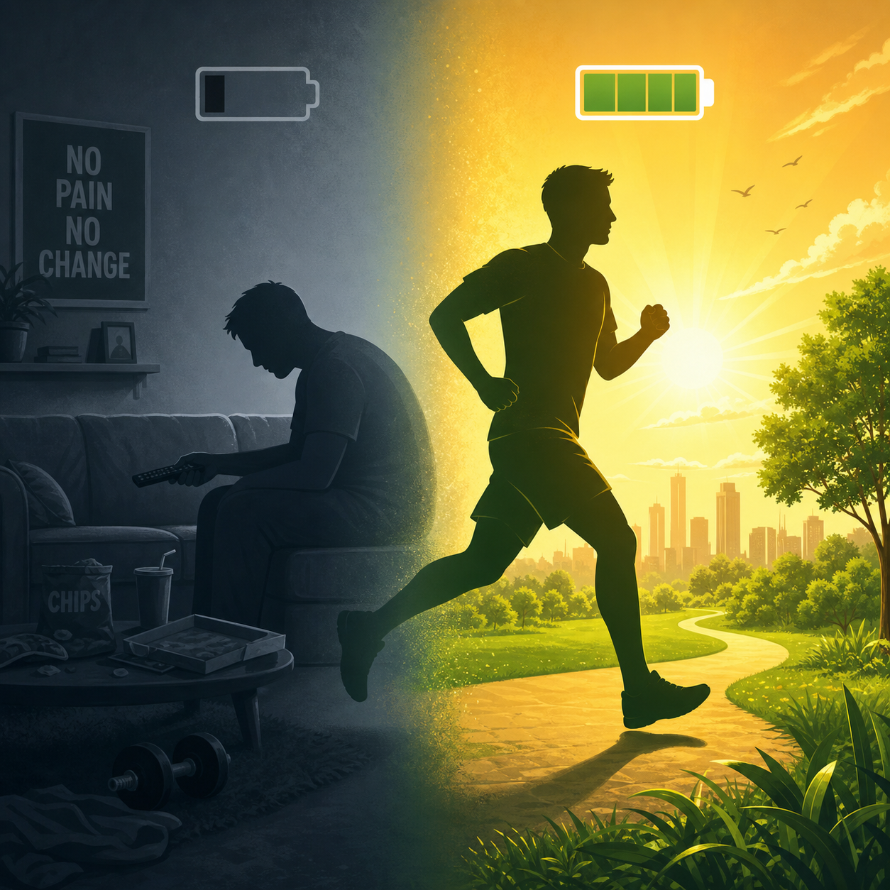 motivational split illustration silhouette transformation from slumped on couch to active running pose grey to golden green tones