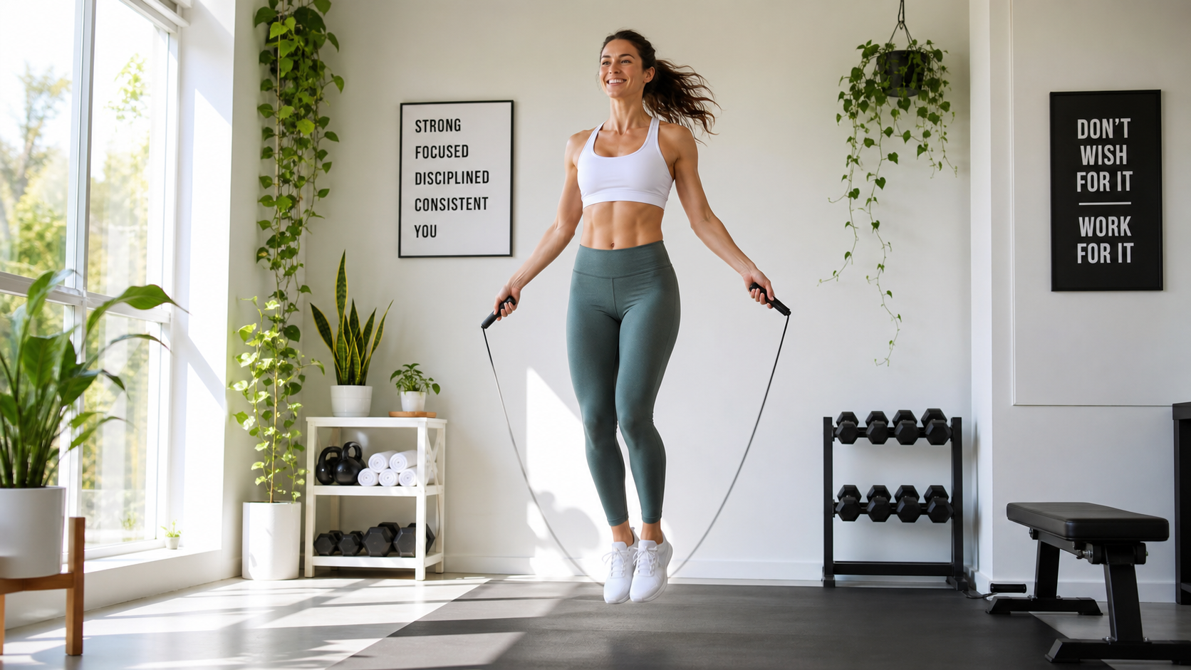 best exercises for weight loss 2026 fit woman HIIT jump rope workout in home gym